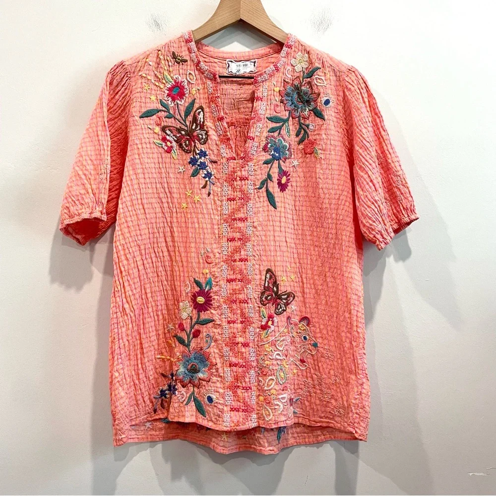 Johnny Was Olinda Embroidered Puff Sleeve Textured Blouse